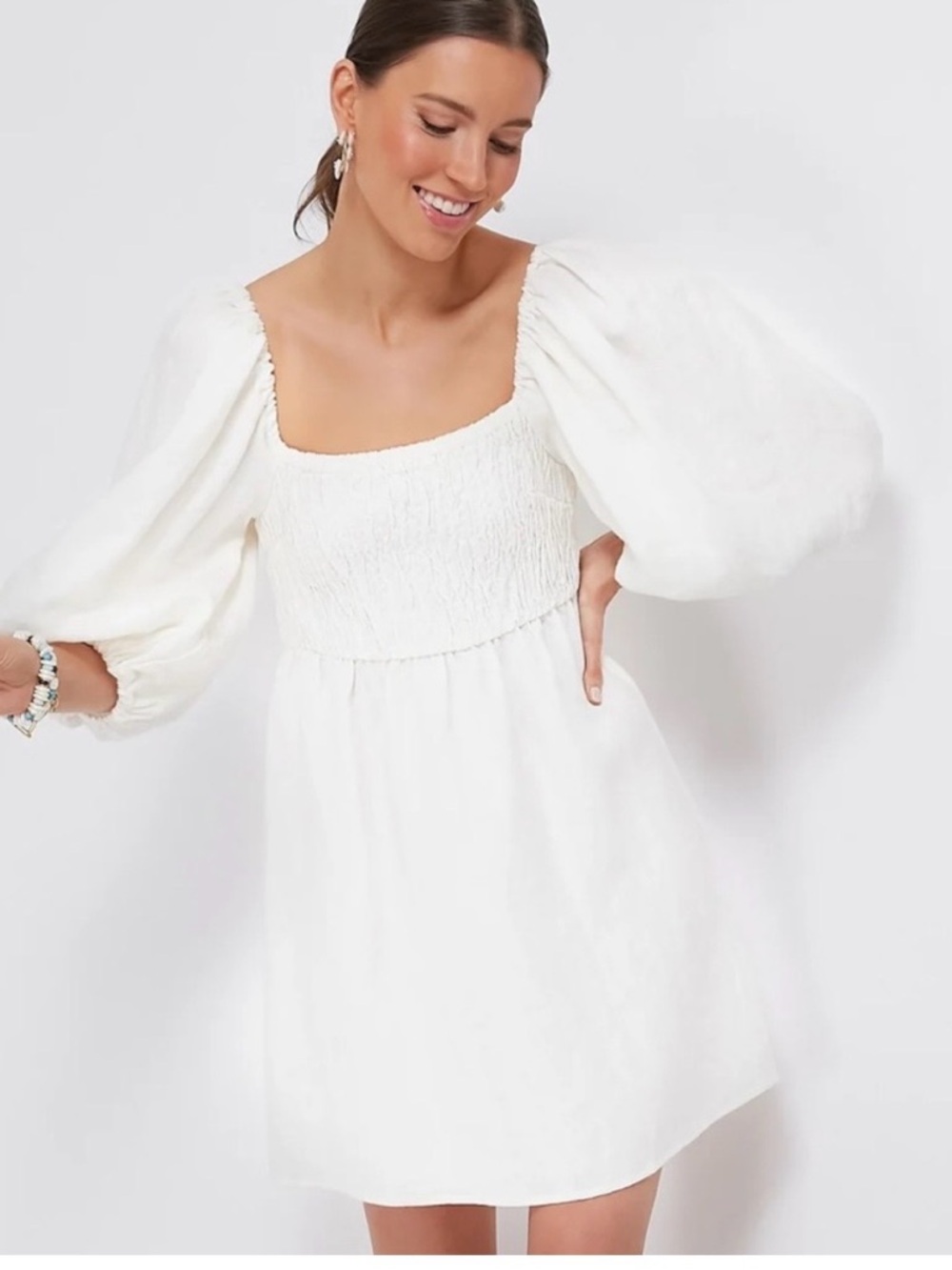 Tuckernuck White Textured Dress with smocked torso and puff sleeves.